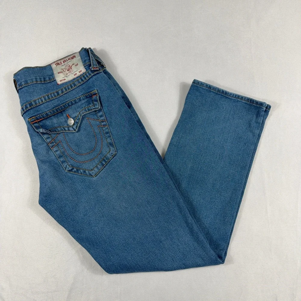 True Religion Ricky Big‎ T Straight Leg Jeans Flap Pockets Size 36 Blue Denim